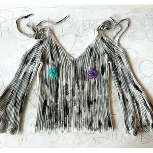 Black and White Pleated Tie Front Blouse